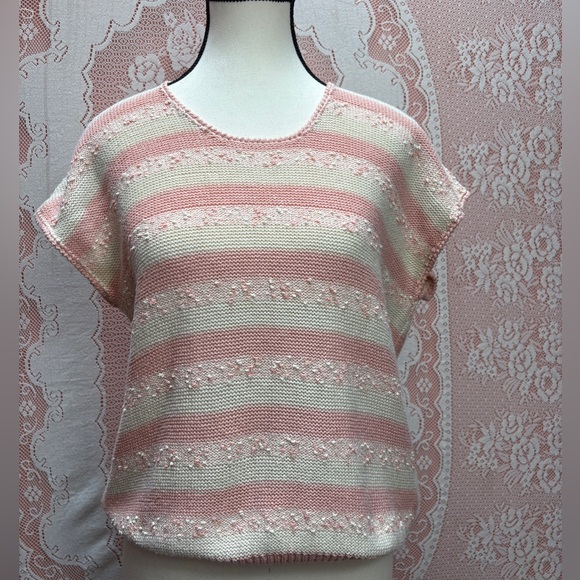 Mr Leonard Sweaters - Vintage Mister Leonard Pink & Cream Stripe Knit Top Sz M
